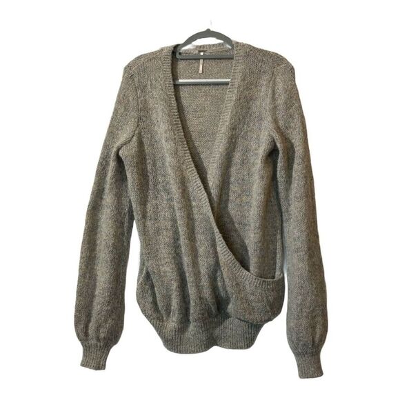Free People Gray Wrap Front Knit Mohair Alpaca Wool Blend Sweater M Boho Chic - Picture 1 of 11
